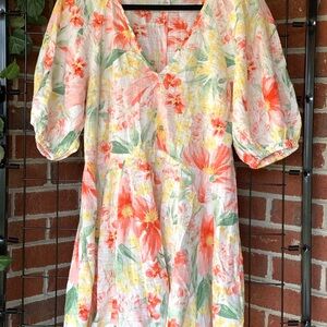 H&M Floral V-Neck Puff Sleeve Tunic - Coral, Yellow & Green